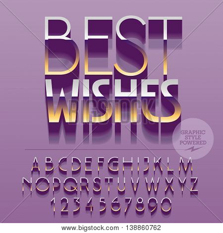 Set of glossy golden alphabet letters, numbers and punctuation symbols. Vector reflective postcard with text Best wishes. File contains graphic styles