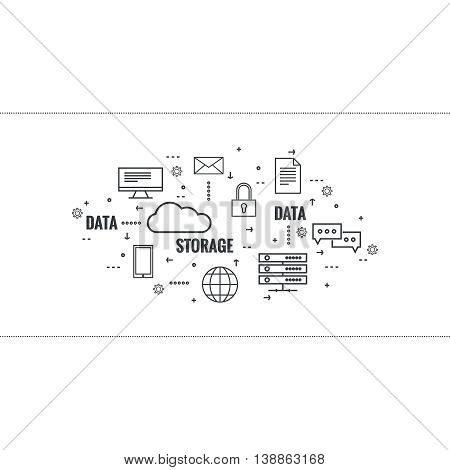Network cloud computing. Web hosting and cloud technology. Database protection security. Global data transfer and storage  server. Communication technologies connecting different devices.
