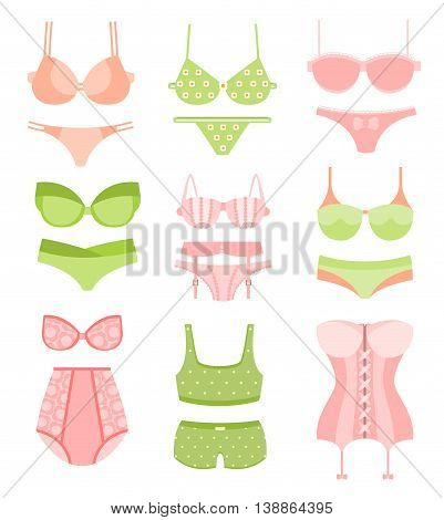 Women Sexy Underwear In Pastel Green And Pick Colors Matching Sets Collection Of Clip Art Objects
