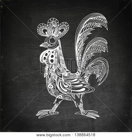 Decorative cock. Hand drawn vector stock illustration. Year 2017 symbol. Chalk board drawing.