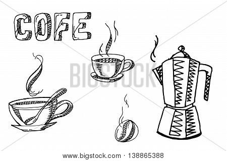 Coffee elements set. Hand drawn vector stock illustration. Black and white whiteboard drawing.