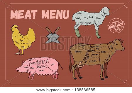 Meat menu. Set of meat symbols, beef, pork, chicken, lamb. Hand drawn vector stock illustration.