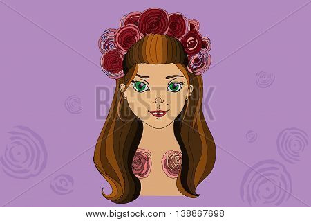 Young girl in wreath. Hand drawn vector stock illustration.