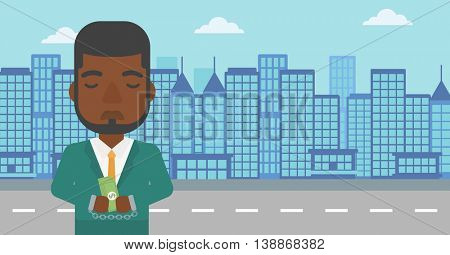 An african-american young businessman in handcuffs with money in hands on the background of modern city. Businessman handcuffed for crime. Vector flat design illustration. Horizontal layout.