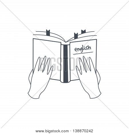 Hands Holding English Language Manual Black And White Hand Drawn Illustration In Simplified Graphic Style On White Background