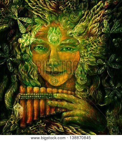 forest fairy shaman with panflute and crystal, detailed colorful illustration.