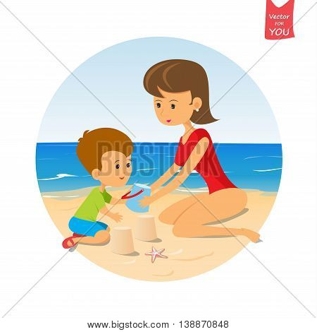 cartoon baby and mom playing on the beach.