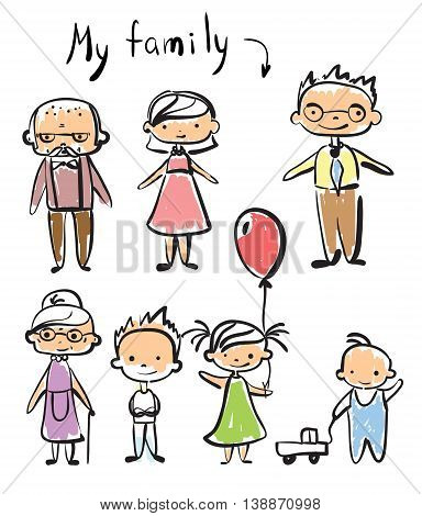 Vector cute children's doodle of happy family.