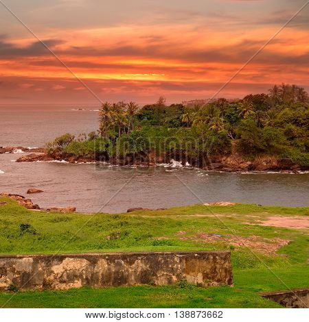 Sea lagoon a scenic peninsula and the sunset view from the fortress of Galle Sri Lanka