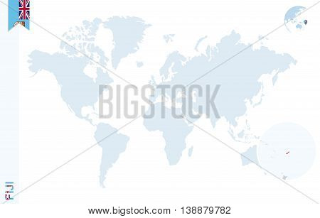 Blue World Map With Magnifying On Fiji.