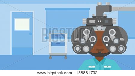 An african-american man undergoing an eye examination while visiting optometrist at the medical office. Vector flat design illustration. Horizontal layout.