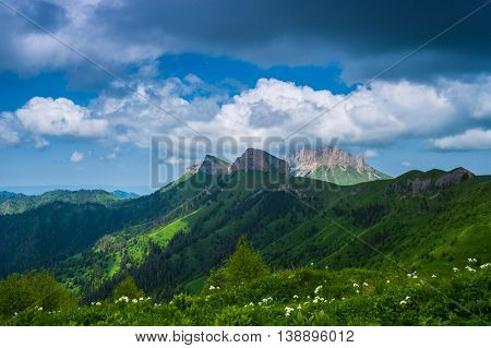 Mountain in Caucasus under blue sky