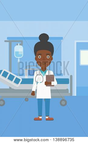 An african-american young female friendly doctor with stetoscope standing in hospital ward and carrying folder of patient or medical information. Vector flat design illustration. Vertical layout.