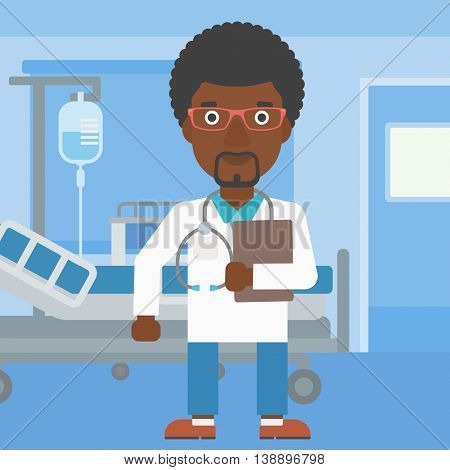 An african-american friendly doctor with stetoscope standing in hospital ward and carrying folder of patient or medical information. Vector flat design illustration. Square layout.