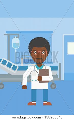 An african-american friendly doctor with stetoscope standing in hospital ward and carrying folder of patient or medical information. Vector flat design illustration. Vertical layout.