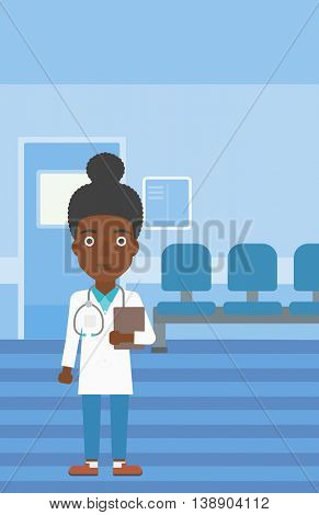 An african-american young female friendly doctor with stetoscope standing in hospital corridor and carrying folder of patient or medical information. Vector flat design illustration. Vertical layout.