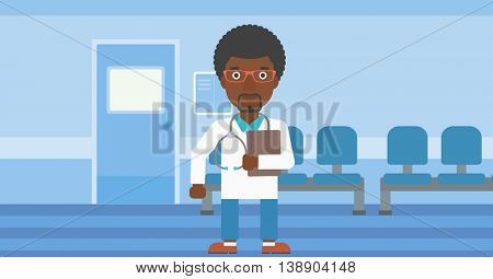 An african-american friendly doctor with stetoscope standing in hospital corridor and carrying folder of patient or medical information. Vector flat design illustration. Horizontal layout.