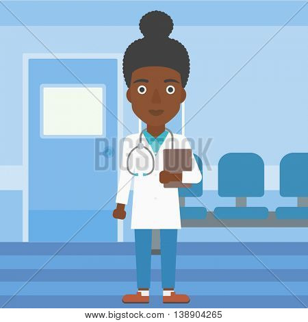An african-american young female friendly doctor with stetoscope standing in hospital corridor and carrying folder of patient or medical information. Vector flat design illustration. Square layout.