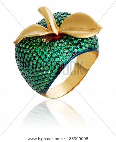 Jewelry. Gold ring with green gems. Gemstone ring with emeralds.