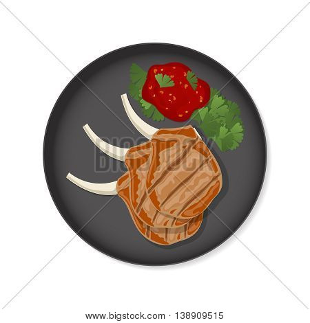 Grilled ribs with sauce and greens on a frying pan. Top view stock vector dish on white background