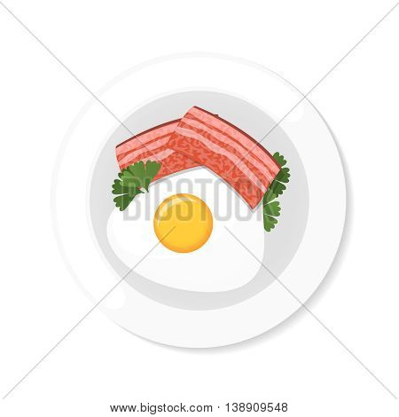 bacon and eggs with greens on a frying pan. Top view stock vector dish on white background