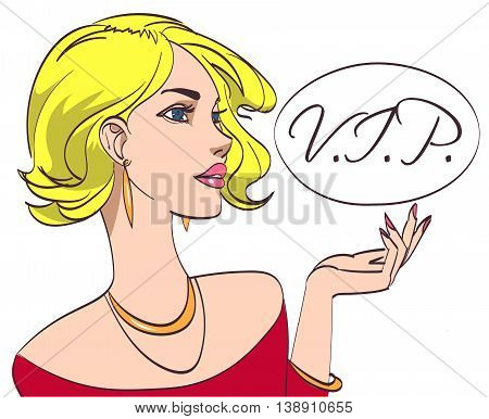 Vector colorful pop art drawing of beautiful blondy lady in red with VIP signature on white background. All on isolated layers, eps 10.