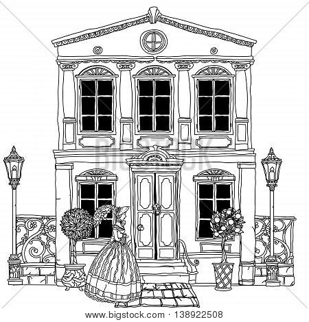 Contoured Black and white victorian house with a strolling woman in crinoline with vintage umbrella. for adult coloring book or for zen art therapy drawing. Hand-drawn, vector, for coloring, posters