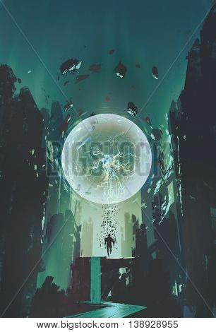 lightning ball and geometry in the form of human with building background, illustration painting