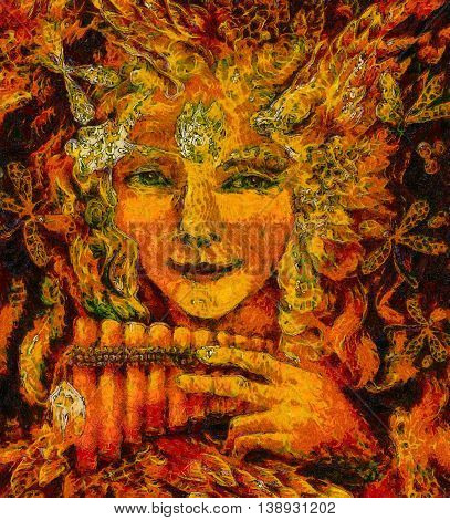 forest fairy shaman with panflute and crystal, detailed colorful illustration.