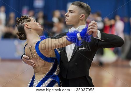 Minsk Belarus -May 28 2016: Daniil Shmidt and Alina Gumenyuk Perform Youth-2 Standard Program on National Championship of the Republic of Belarus in May 28 2016 in Minsk Republic of Belarus