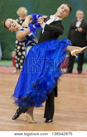Minsk Belarus -May 28 2016: Daniil Shmidt and Alina Gumenyuk Perform Youth-2 Standard Program on National Championship of the Republic of Belarus in May 28 2016 in Minsk Republic of Belarus