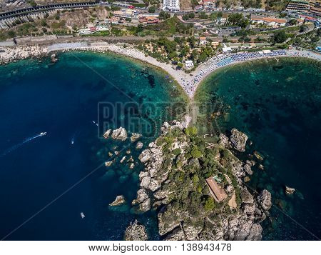 Aerial View of beach and island Isola Bella at Taormina, Sicily