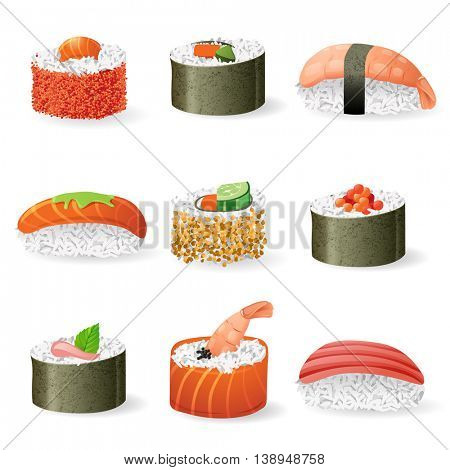 9 highly detailed sushi icons over white background