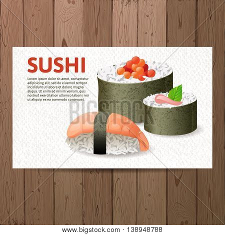 Advertising sushi card over wooden background