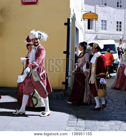 CESKY KRUMLOV, CZECH REPUBLIC - JUNE 18, 2016: Five-petalled Rose Festival on bystreet in Cesky Krumlov