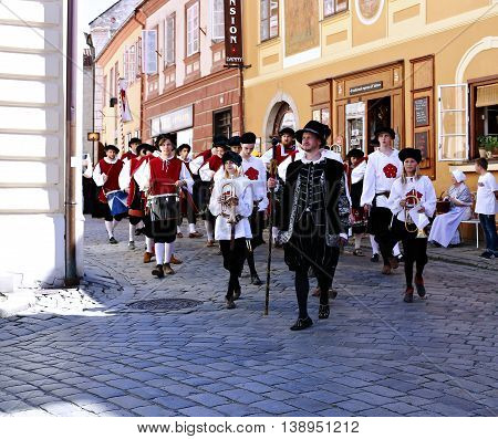 CESKY KRUMLOV, CZECH REPUBLIC - JUNE 18, 2016: Five-petalled Rose Festival on bystreet in Cesky Krumlov