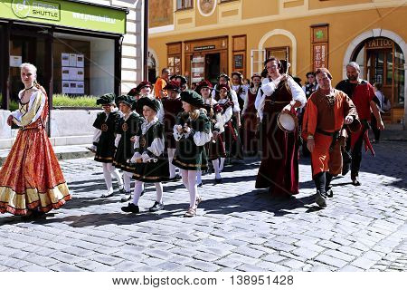 CESKY KRUMLOV, CZECH REPUBLIC - JUNE 18, 2016: Five-petalled Rose Festival on bystreet in Cesky Krumlov