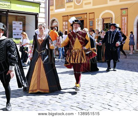 CESKY KRUMLOV, CZECH REPUBLIC - JUNE 18, 2016: Five-petalled Rose Festival on bystreet in Cesky Krumlov
