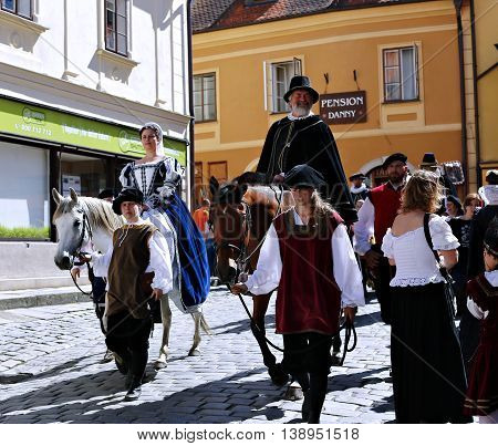 CESKY KRUMLOV, CZECH REPUBLIC - JUNE 18, 2016: Five-petalled Rose Festival on bystreet in Cesky Krumlov