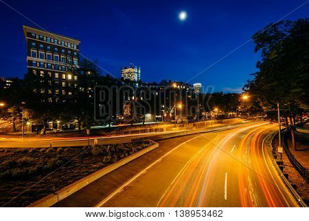 Long Exposure Of Traffic Along Storrow Drive At Night, In Beacon Hill, Boston, Massachusetts.