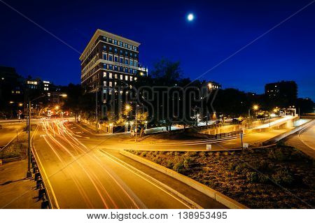Long Exposure Of Traffic Along Storrow Drive At Night, In Beacon Hill, Boston, Massachusetts.