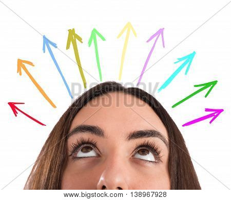 Woman with eyes up and arrow over her head