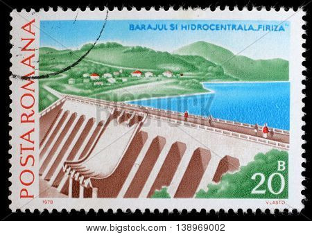 ROMANIA - CIRCA 1978: a 20 bani stamp from Romania shows image of Firiza Dam and Hydropower Station, circa 1978