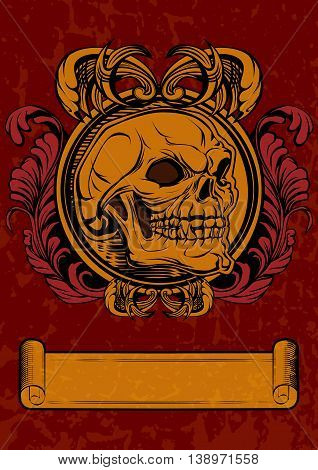 Vector Illustration of the skull in retro style with ribbon, elements grunzhe and floral ornament