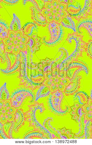 bohemian paisley pattermn. neon gypsy boho colors, intricate detailes, lace ornament with artistic style.