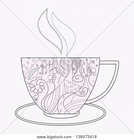 Vector coffee or tea cup with abstract ornaments. Vector illustration for a coloring book