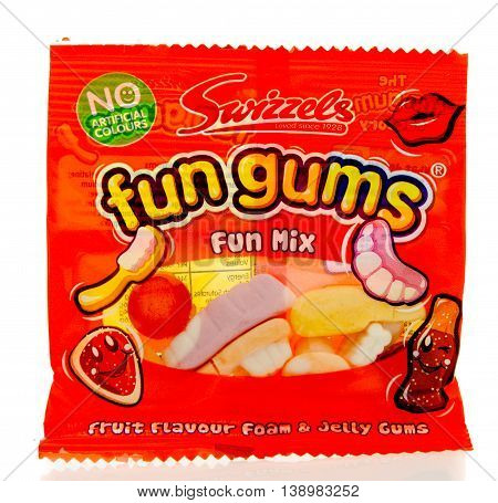 Winneconnie WI - 18 July 2016: Package of Swizzels fun gums on an isolated background.