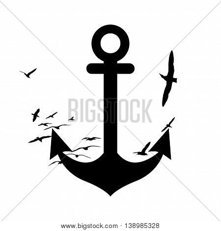 Anchor and seagulls black silhuette on white