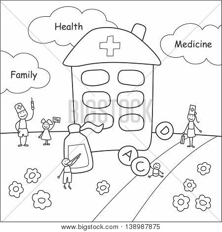 Family stories: health and medicine. Linear black and white.