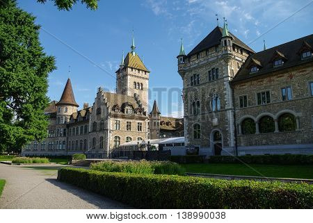 Cityscape with view of Swiss National museum (Landesmuseum) in Zurich Switzerland